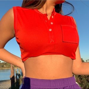 Red cropped under boob button up top